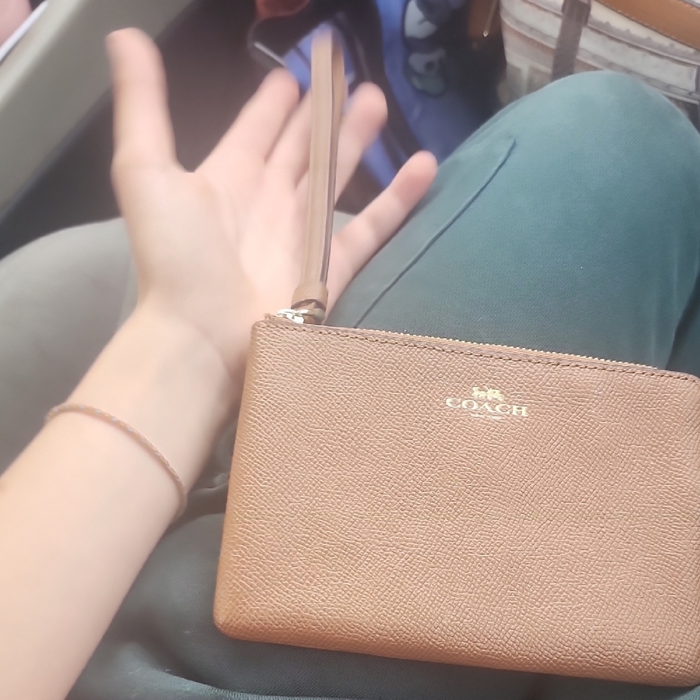 COACH Pebbled Leather Wristlet in Tan Brown with Gold Logo